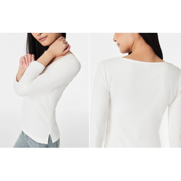 Spanx Top Stretch Rib Ribbed Powder Shirt Medium M L/S Square Fitted Minimalist - Picture 2 of 8